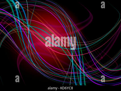 Abstract con la parte posteriore di colore rosso acceso sfondo nero con intersecante la curvatura delle strisce colorate Foto Stock