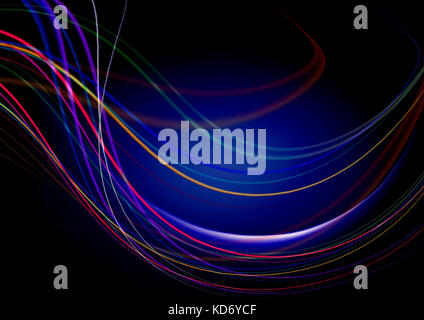 Abstract di nero su sfondo la retroilluminazione blu e la caduta del controbattitore strisce colorate Foto Stock
