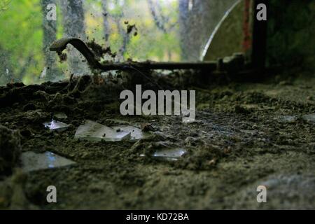 Pezzi di vetro rotto sul davanzale in un vecchio abondaned farm house, CO ARMAGH, Irlanda del Nord Foto Stock