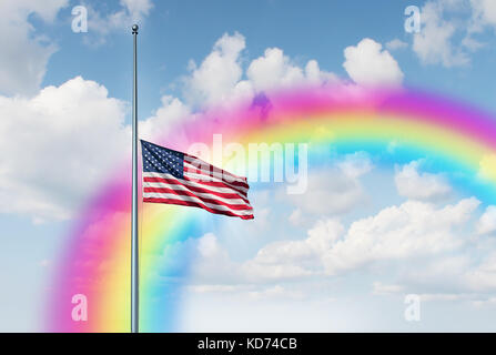 La metà del montante di bandiera americana speranza rainbow nozione come un simbolo degli Stati Uniti volare a bassa quota sul pennone con un bagliore di sun. Foto Stock