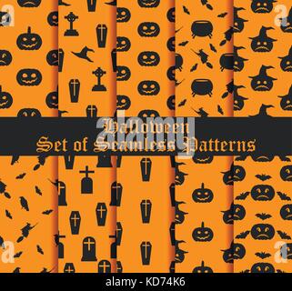Set di halloween di modelli senza giunture con zucche, streghe e simboli celebrativo. illustrazione vettoriale Illustrazione Vettoriale