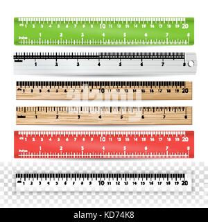 Scuola di colore vettore righello di plastica, legno, metallo. centimetri e pollici scala. cartoleria strumento Righello. illustrazione isolato Illustrazione Vettoriale