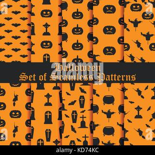 Set di halloween di modelli senza giunture con zucche, streghe e simboli celebrativo. illustrazione vettoriale Illustrazione Vettoriale