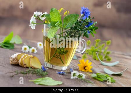 Varie prato secchi Erbe e tè alle erbe sul vecchio tavolo in legno. fresche piante medicinali e in bundle. preparazione di piante medicinali per la fitoterapia e la promozione della salute Foto Stock