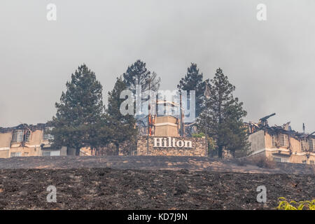 Sonoma County, California, Stati Uniti d'America. 09oct, 2017. Hilton hotel Burns a massa. Sonoma County, California, Stati Uniti, lunedì 9 ottobre, 2017. devistation in tutta la contea. Credito: kathryn capaldo, alamy/live news Foto Stock