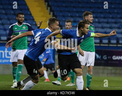 Lurgan, Irlanda del Nord, Regno Unito. 10 ottobre, 2017. 2019 UEFA Under 21 Qualificatore del campionato - Gruppo 2 - Irlanda del Nord 4 Estonia 2. Rauno Sappinen (10) celebra il suo obiettivo per l'Estonia. Credito: David Hunter/Alamy Live News Foto Stock