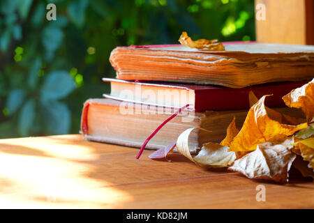 Libri antichi in foglie di autunno su sfondo di legno. Foto Stock