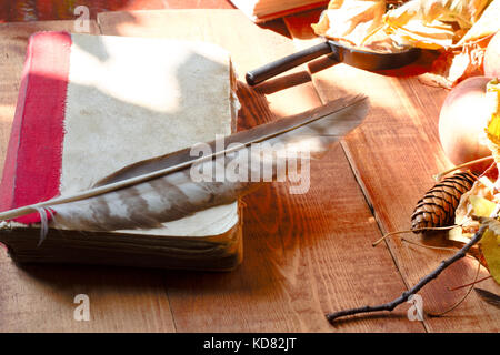 Penna in piuma con inkwell e vecchio libro di fiabe taleson sul tavolo di legno closeup
