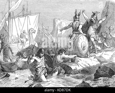 Sbarco vichinghi nella Francia del IX secolo, invasione con viking longships Foto Stock