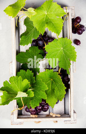 Uve fresche in una scatola di legno. Vista superiore Foto Stock