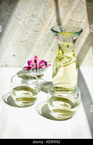 Vino bianco servito in una caraffa. Fotografato su un intonaco bianco background italiano con una parete di gesso. Foto Stock