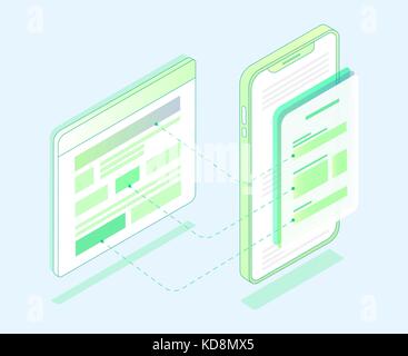 Design piatto prototipo isometrica della pagina del sito e la versione mobile. Disegno sito web mobile. interfaccia UI Illustrazione Vettoriale