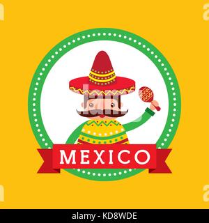 Cartoon uomo messicano holding maraca con un sombrero e poncho Illustrazione Vettoriale