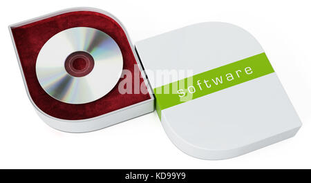 Software box con coperchio aperto isolata su sfondo bianco. 3d'illustrazione. Foto Stock
