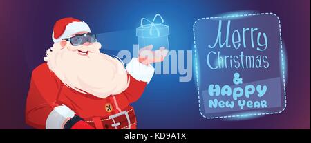 Santa Claus indossare occhiali digitali tenendo presente virtuale box buon Natale e felice anno nuovo biglietto di auguri Illustrazione Vettoriale