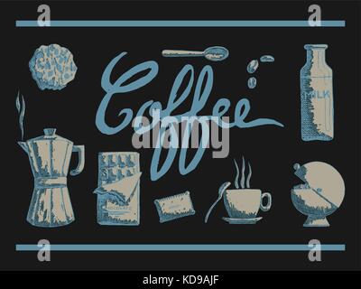 Illustrazione vettoriale di disegnati a mano utensili di caffè tempo con tazza cucchiaio biscotto macchina per il caffè e lo zucchero su sfondo scuro Illustrazione Vettoriale