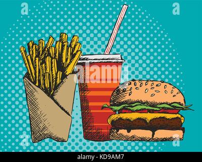 Illustrazione vettoriale di disegnato a mano menu di cibo spazzatura in un fast food con patate fritte Burger e bere Illustrazione Vettoriale