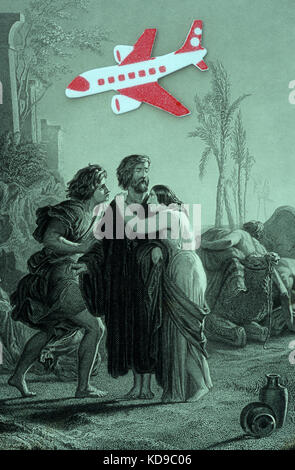 Antica incisione della bibbia che mostra disperando donna aggrappati a uomo mentre la moderna aeroplano flies overhead Foto Stock