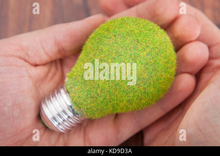 Close-up di persona la mano sul tavolo di legno tenendo la lampadina Foto Stock