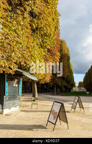 Waffle e hot-dog stand nel giardino del Lussemburgo a Parigi sotto gli alberi di castagno con foglie di colore arancione all'inizio di caduta seaon nel tramonto li Foto Stock