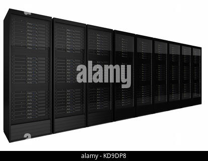 Fila di rack per server. Isolato su sfondo bianco Foto Stock