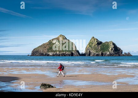 Holywell Bay Cornwall - un camminatore sulla spiaggia a bassa marea a Holywell Bay con le iconiche Gull Rocks sullo sfondo Cornovaglia. Foto Stock