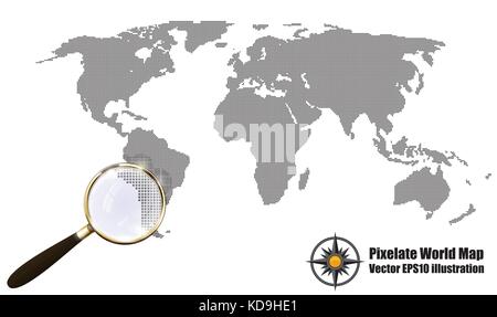 Abstract mappa pixel in bianco e nero di mezzitoni effetto grunge illustrazione vettoriale. mappa mondiale Silhouette. Forme continentale di pixel quadrati Illustrazione Vettoriale