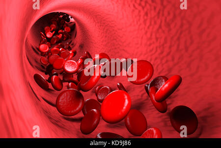 Globuli rossi nel flusso sanguigno, rendering 3D Foto Stock