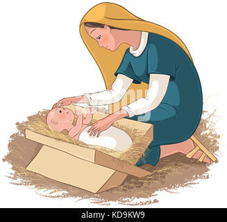 Madre Maria con Gesù Bambino nella mangiatoia. Christian cartoon illustrazione Foto Stock