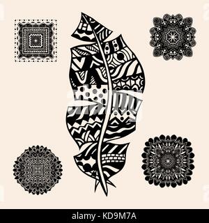 Artisticamente disegnato stilizzati, vettore giù su uno sfondo bianco. vintage piuma tribali. serie di doodle giù. disegnati a mano doodle artwork. nero Illustrazione Vettoriale