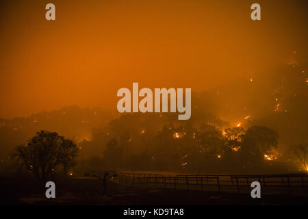 11 ottobre 2017 - Solano County/Napa County, CA, USA - l'Atlas Fire brucia martedì notte tardi.immagine di esposizione lunga. Il fuoco dell'Atlante brucia nelle contee di Napa e Solano lunedì sera 10 ottobre 2017. Il fuoco era contenuto al 3% e aveva bruciato 25,000 acri. Le strutture multiple sono state distrutte mentre gli equipaggi hanno combattuto i venti forti e la vegetazione asciutta di toder dopo gli incendi multipli bruciati nella zona. Credit: Stuart Palley/ZUMA Wire/Alamy Live News Foto Stock