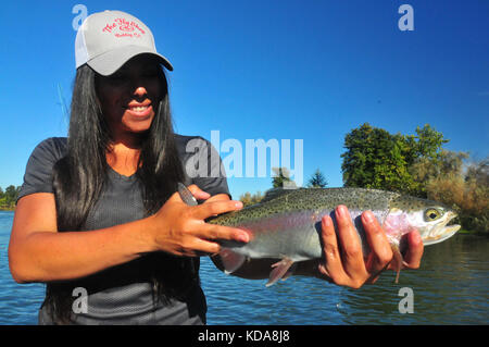 Grande trota arcobaleno sono spesso presi nelle fresche acque della parte inferiore del fiume Sac sotto Shasta Dam. Foto Stock