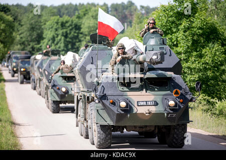Degli Stati Uniti, Regno Unito, lituana e soldati polacchi guidare un convoglio di carri armati dalla Polonia Lituania durante l'esercizio saber strike giugno 18, 2017 vicino rukla, Lituania. Foto Stock