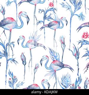 Seamless dipinta a mano texture con piante esotiche, rose fiori e uccelli flamingo per i tessili e i wallpaper design Foto Stock