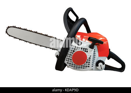 Nuova benzina rossa chainsaw isolati su sfondo bianco Foto Stock