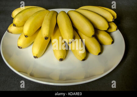 A ventaglio grappolo maturi non trattate piccole banane sul piatto bianco Foto Stock