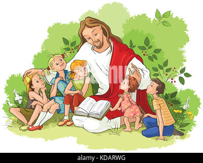 Gesù la lettura della Bibbia per bambini. Christian cartoon illustrazione Foto Stock