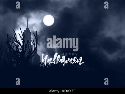 Sfondo di halloween. notte cielo fra nubi luminose luna splendente. foresta nella nebbia Illustrazione Vettoriale