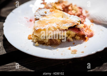 Mezza mangiato formaggio e strudel di ciliegie con lo zucchero sulla sommità. squisita pasticceria è servito e consumato su una piastra su un tavolo di legno in montagna. Foto Stock