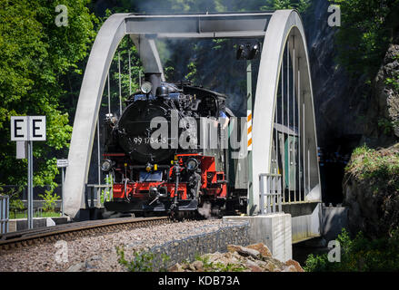 Il treno con un motore a vapore andando su un ponte in una giornata di sole Foto Stock