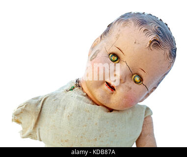 Scary spooky vintage baby doll. isolato. verticale. Foto Stock