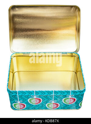 Shiny aprire holiday noel tin con albero ornamento del tema. Foto Stock