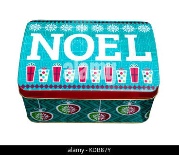 Shiny holiday noel tin con albero ornamento del tema. Foto Stock