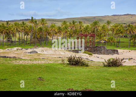 Ahu Nau Nau, Anakena, Moai, Rapa Nui, Isola di Pasqua, Isla de Pascua, Cile Foto Stock