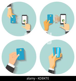 Design piatto stile illustrazione vettoriale. smartphone con elaborazione dei pagamenti mobili. La tecnologia di comunicazione concetto. isolato su sfondo verde Illustrazione Vettoriale