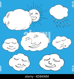 Carino doodle di elementi del cielo il sole, le nuvole. illustrazione vettoriale Illustrazione Vettoriale