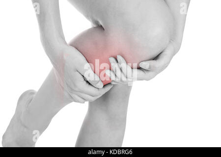 Close up donna infortunio alla gamba isolati su sfondo bianco Foto Stock