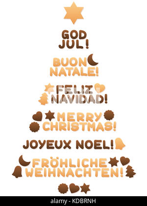 Biscotti che formano un albero di natale e desiderano BUON NATALE in spagnolo, inglese, svedese, italiano, francese e tedesco parole. Foto Stock