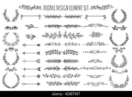 Set di doodle gli elementi di design. disegnati a mano frecce, corone, divisori, intestazioni di cuori e di altri elementi floreali per ypur design. illustrazione vettoriale. Illustrazione Vettoriale