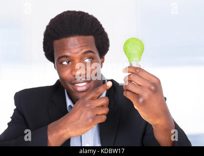 Felice giovane impreditore azienda lampadina con erba verde Foto Stock